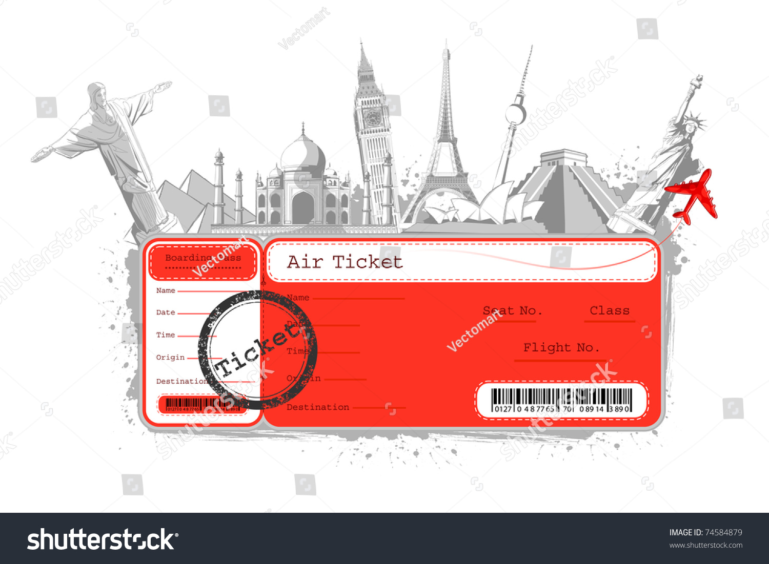 SVG of illustration of flight ticket with famous monument around the world svg