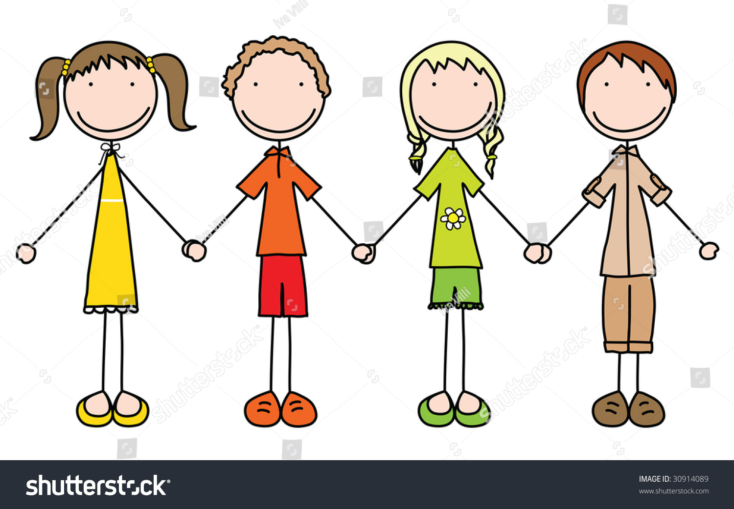 Illustration Of Four Kids Holding Hands In Summer Clothes Illustration Of Four Kids Holding Hands In Summer Clothes