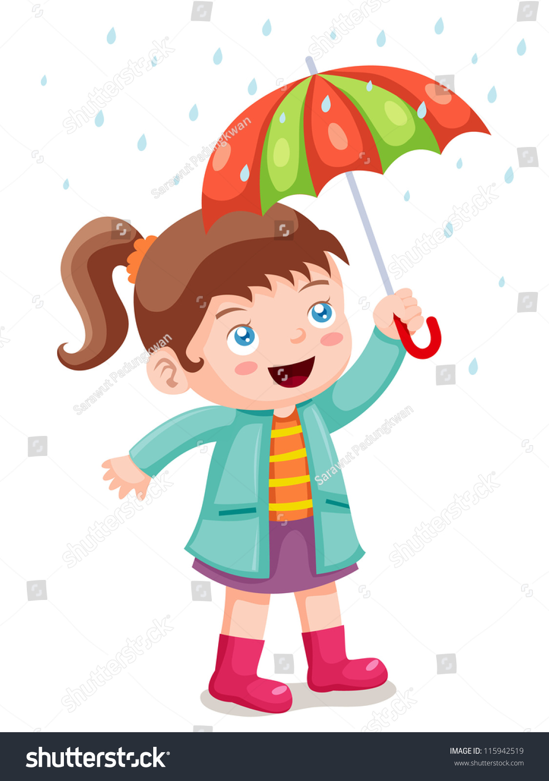 Illustration Of Girl In Raining With Umbrella - 115942519 : Shutterstock