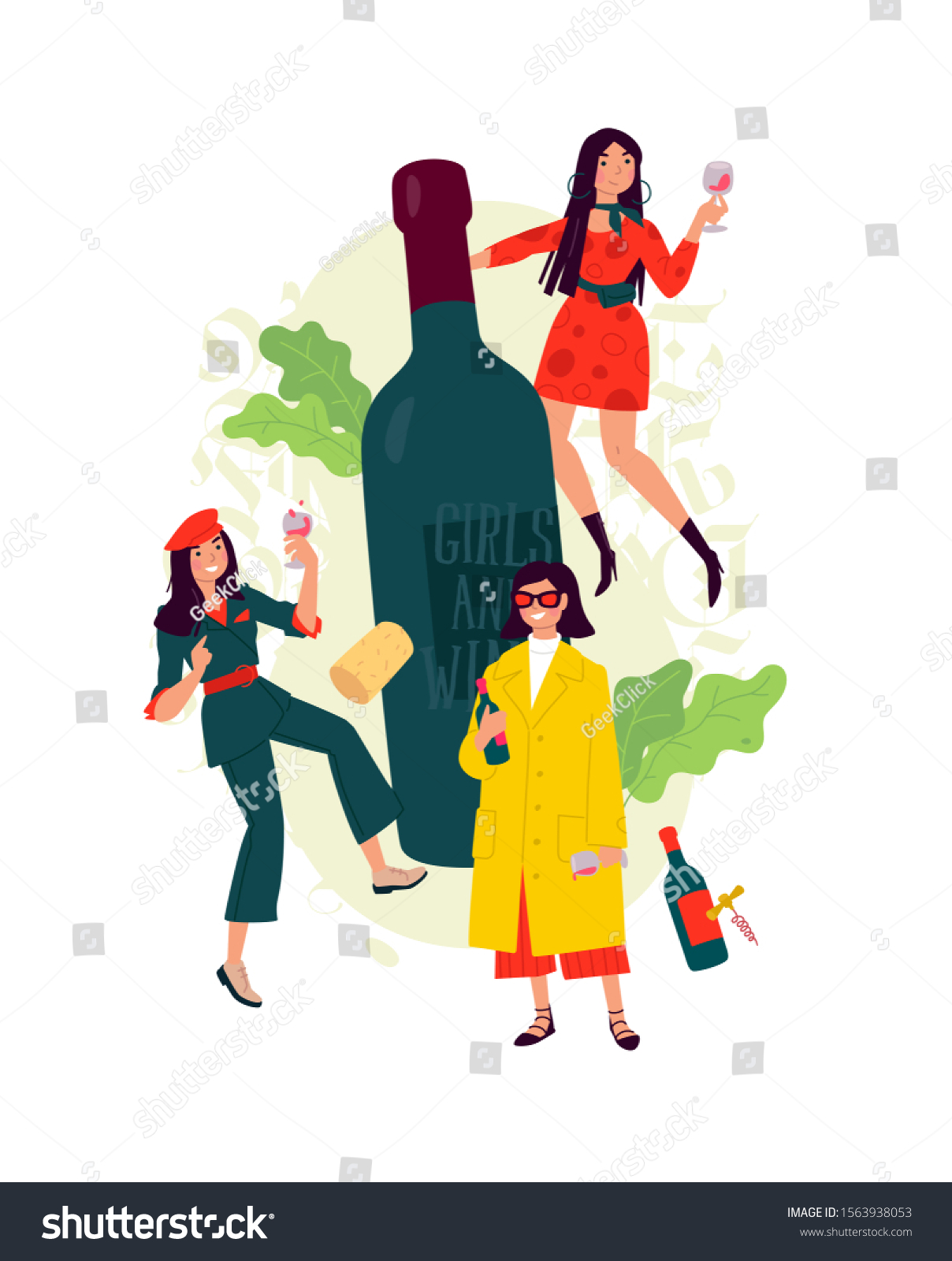 Illustration Girls Holding Glasses Wine Standing: เวกเตอร์สต็อก (ปลอด