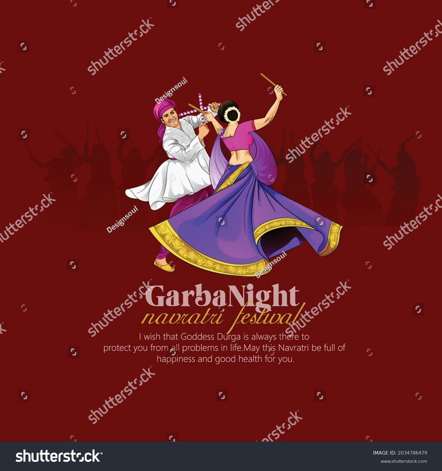SVG of illustration of Goddess Durga Face For Happy Navratri, Couple Playing Garba and Dandiya in Navratri Celebration and Disco Night svg