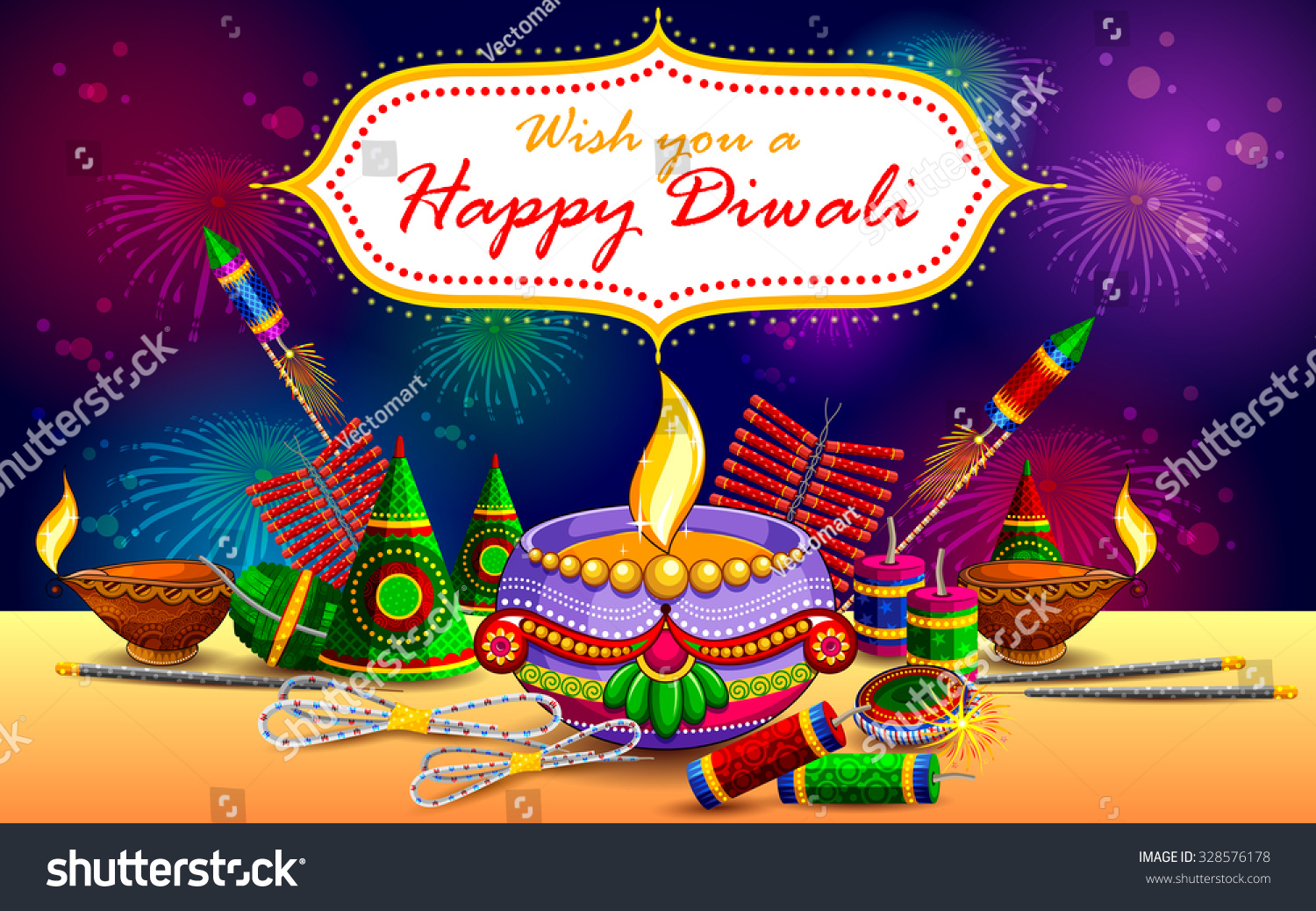 Illustration Happy Diwali Background Diya Firecracker Stock Vector ...