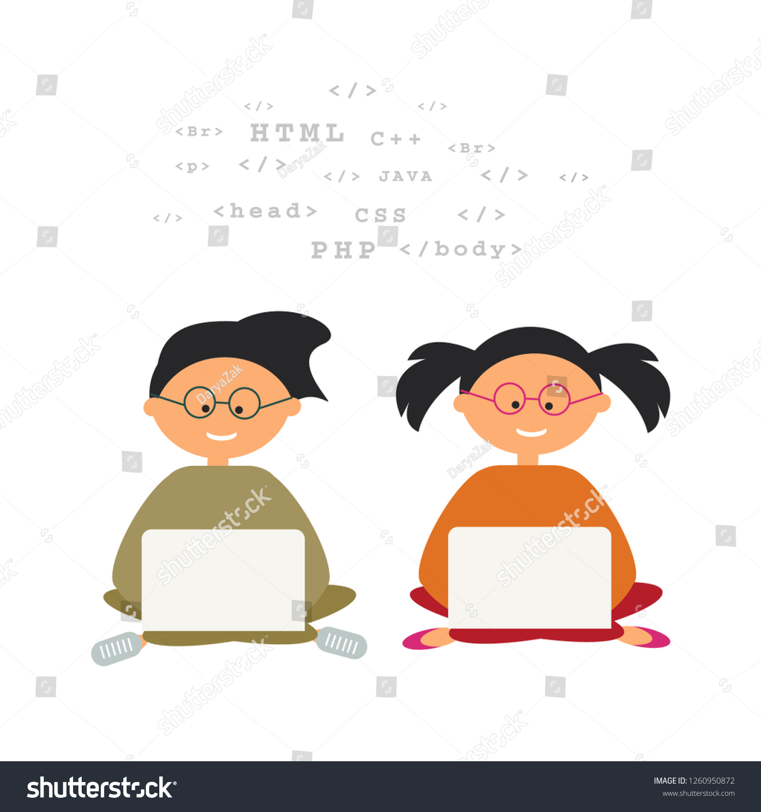 Illustration Kids Coding Their Laptops Children Stock Vector (Royalty