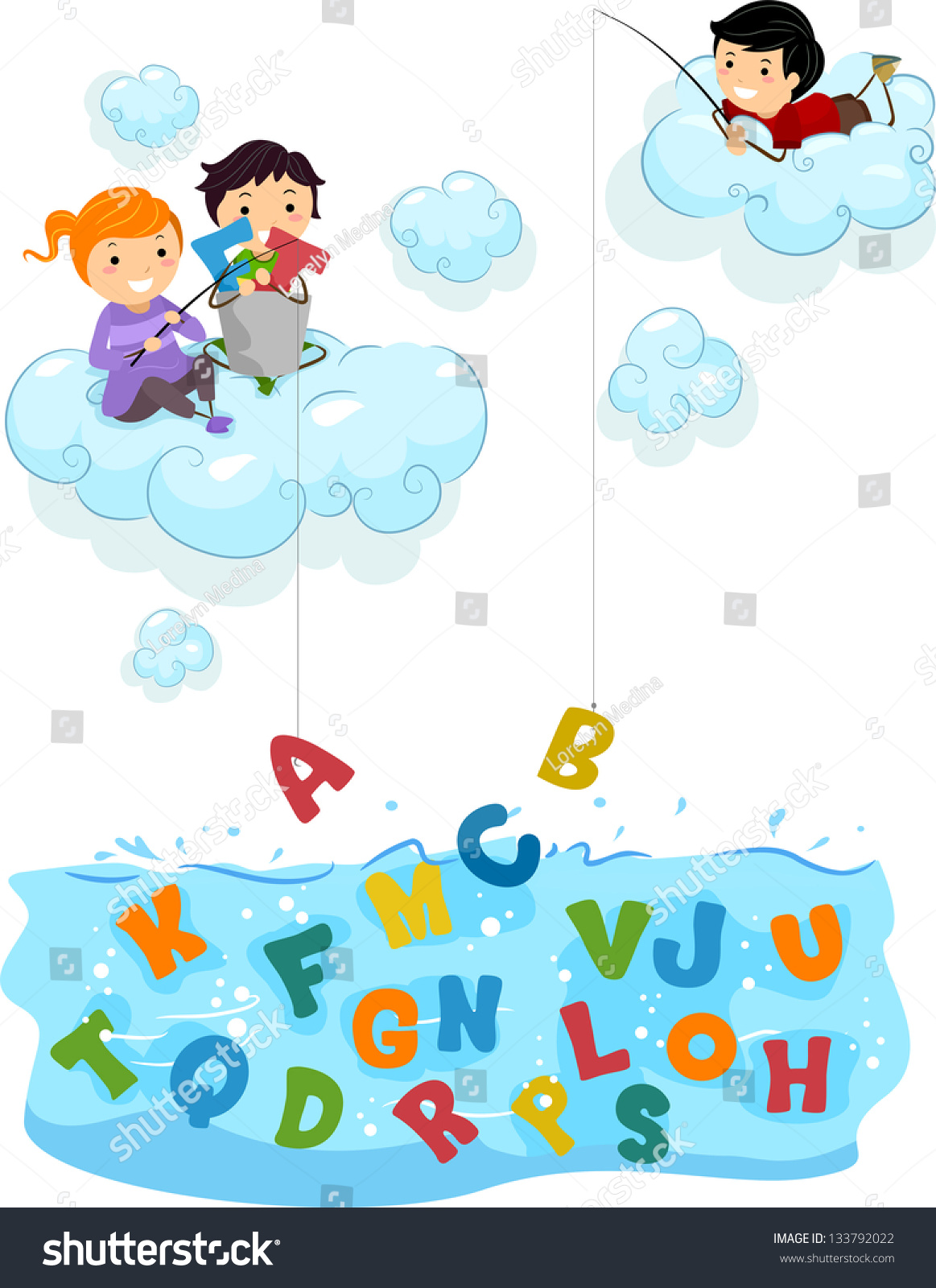 Illustration Kids On Clouds Fishing Letters Stock Vector Royalty Free
