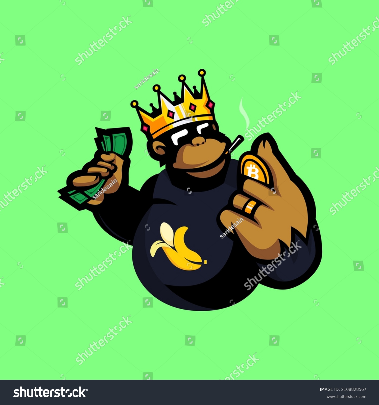 SVG of Illustration of king gorilla rich brings crypto coins and money svg