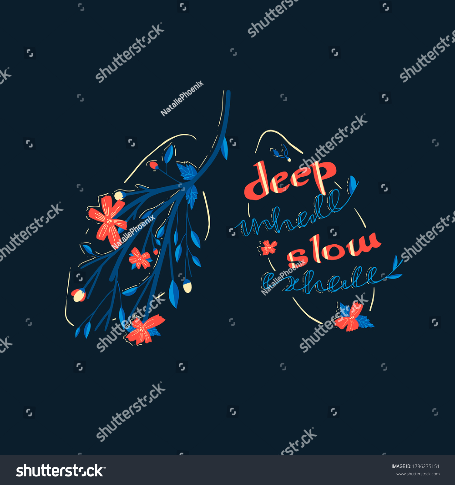 SVG of Illustration of lungs filled with flowers and lettering deep inhale long exhale. T-shirt, print, postcard design with gentle meditation instruction svg