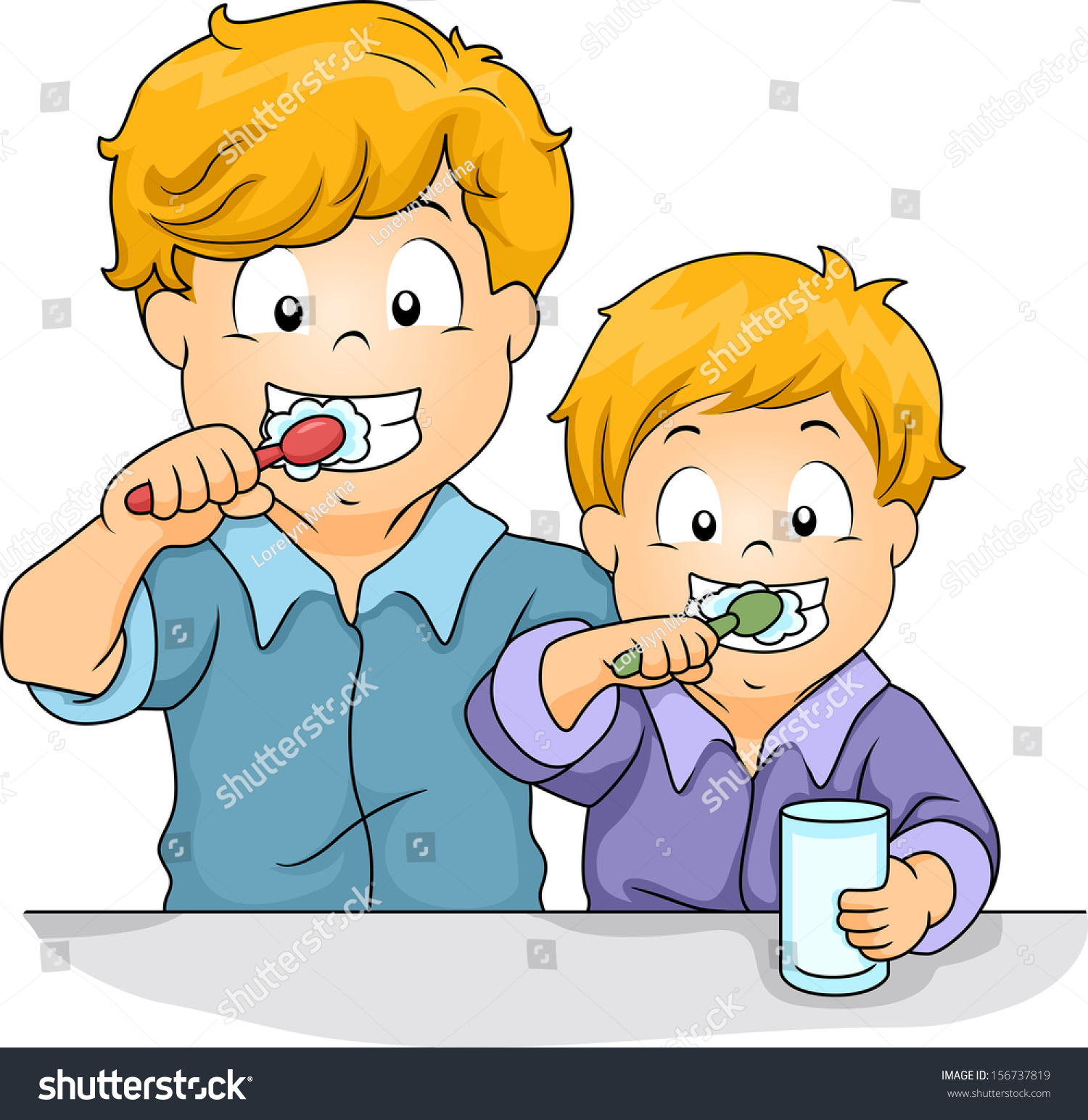 Illustration Male Siblings Brushing Their Teeth Stock Vector (royalty 