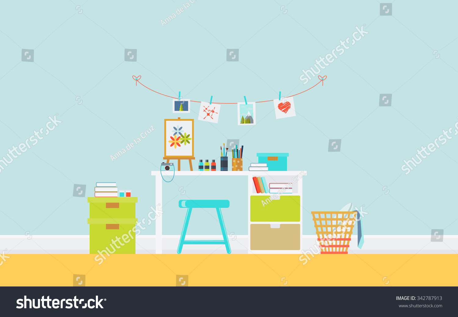 Illustration Modern Teenager Artist Room Interior Stock Vector Royalty   Stock Vector Illustration Of Modern Teenager Artist Room Interior With Furniture Brushes And Drawing Easel Art 342787913 