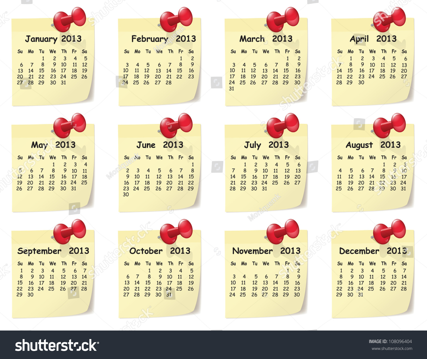 Illustration Monthly Calendar On Sticky Notes Stock Vector (Royalty
