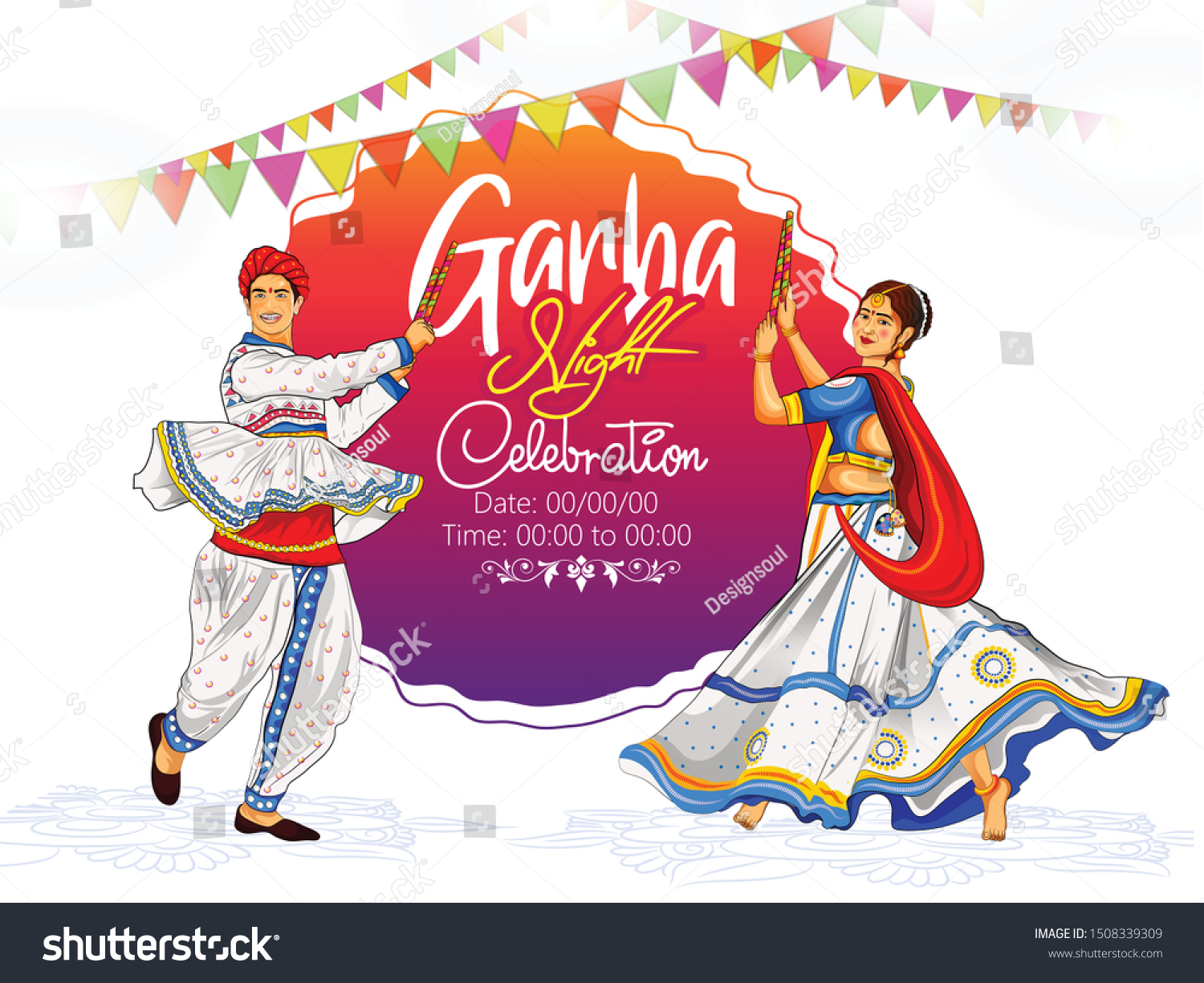 SVG of illustration of Navratri couple playing Dandiya in disco Garba Night banner poster invitation card svg