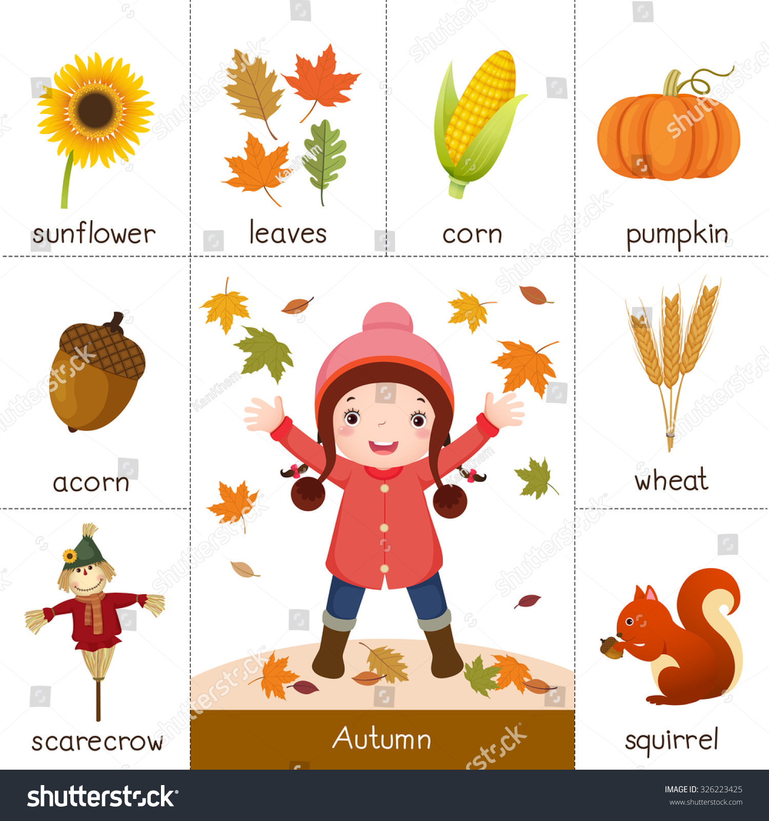 Illustration Of Printable Flashcard For Autumn And Little Girl Playing ...