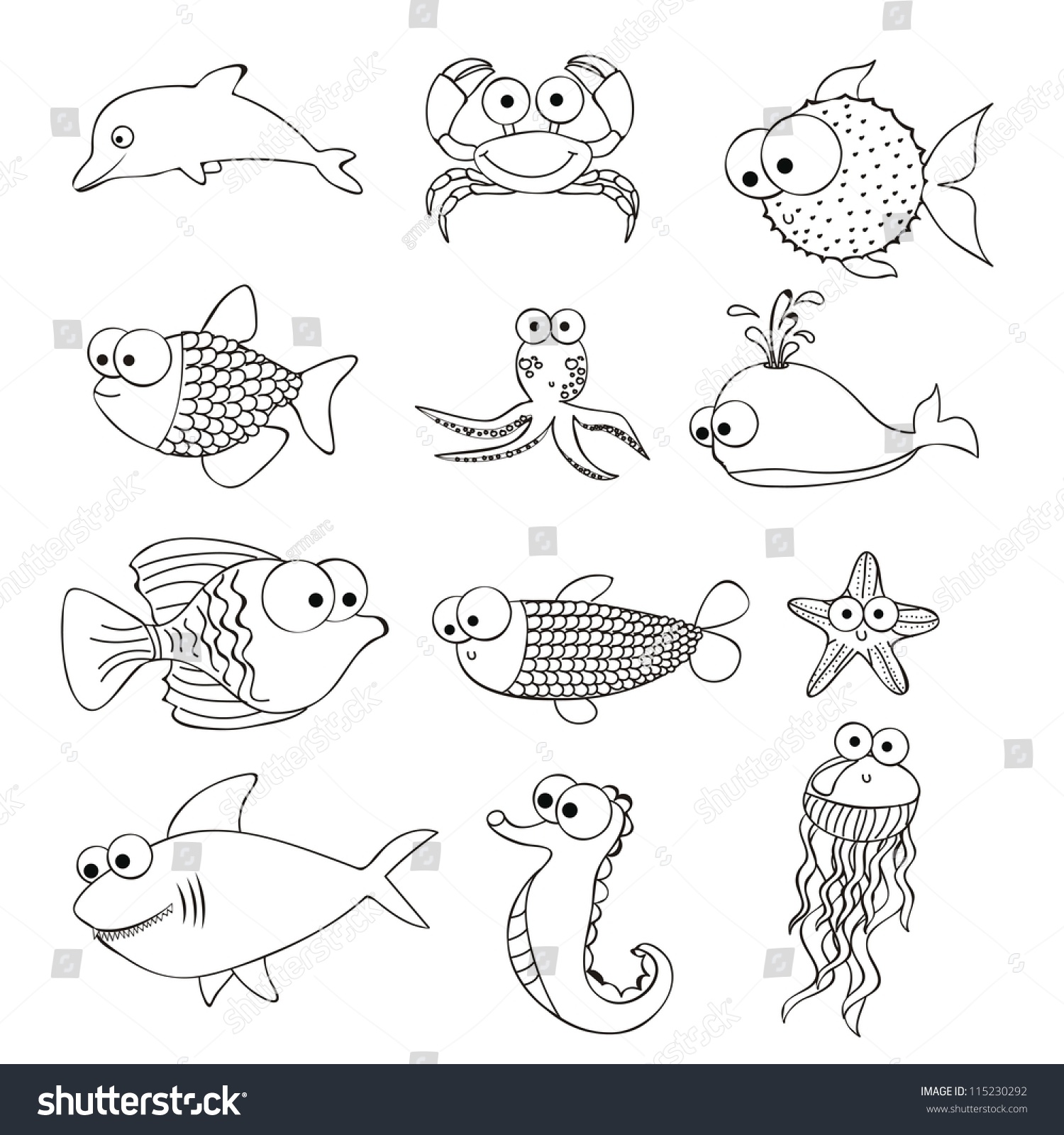 Illustration Of Puffer Fish, Starfish, Sea Horse, Octopus, Puffer Fish ...