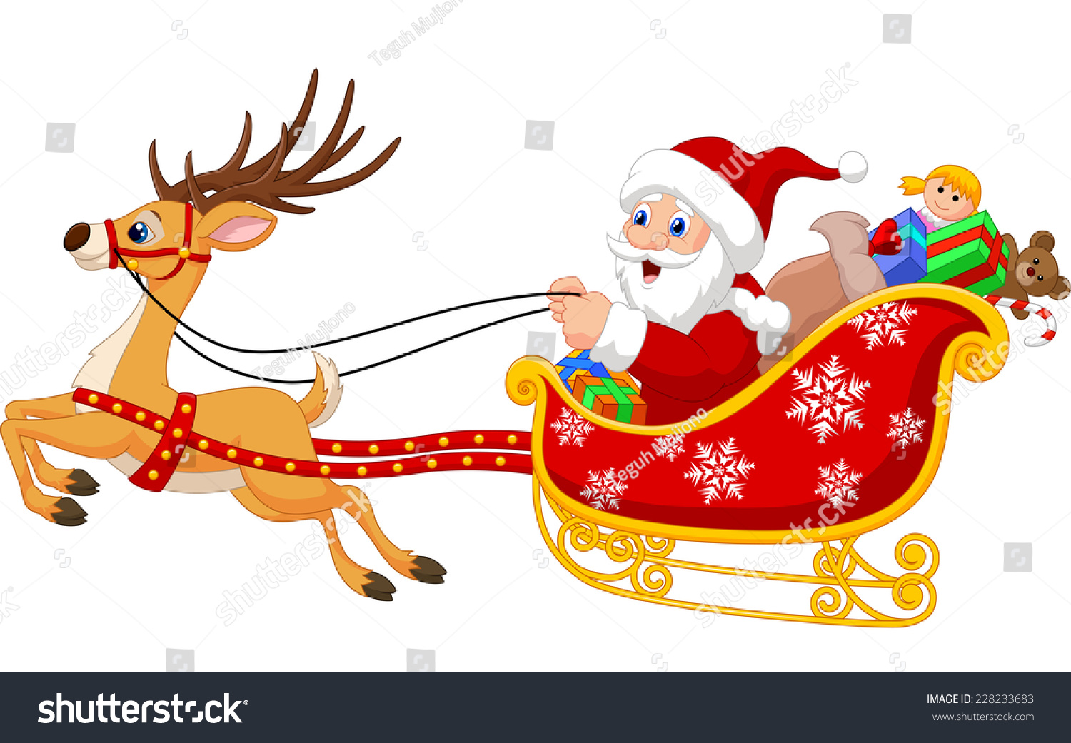 Illustration Of Santa In His Christmas Sled Being Pulled By Reindeer ...