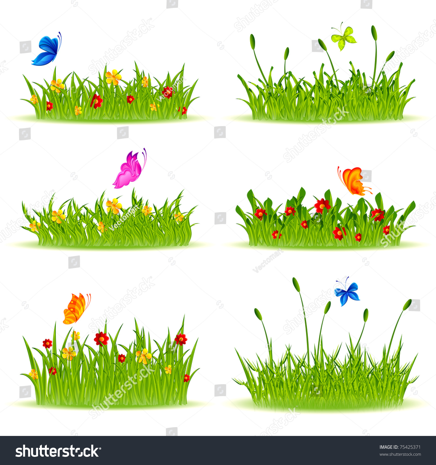 Illustration Of Set Of Different Shape Grass With Flowers And Butterfly ...