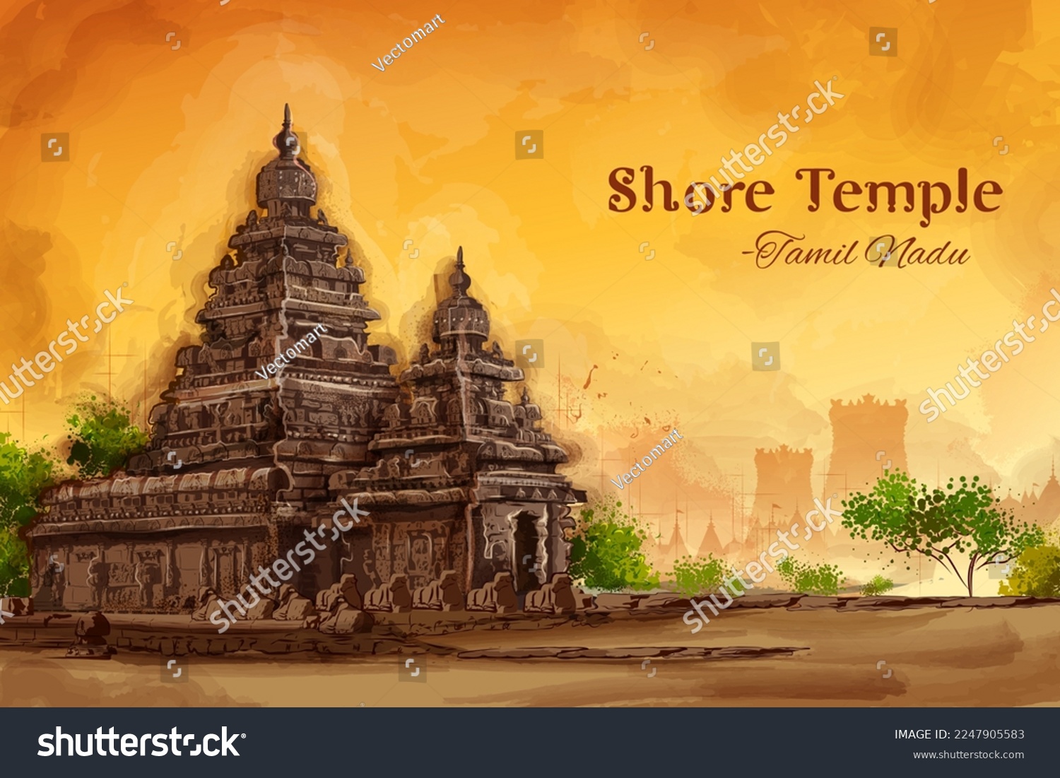 SVG of illustration of Shore Temple in Mahabalipuram Chennai in Tamil Nadu, India svg