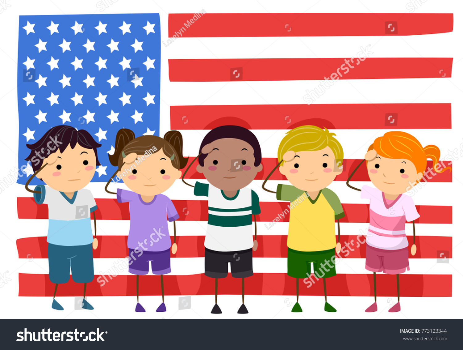 アメリカ国旗の前で挨拶をするステックマンの子どもたちのイラスト のベクター画像素材 ロイヤリティフリー