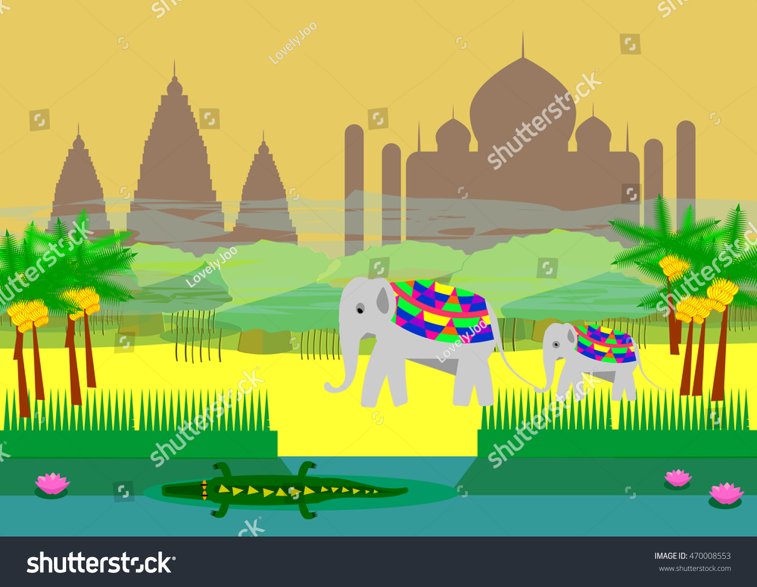 Illustration Indian Landscape Rivers Elephants Crocodiles Stock Vector ...