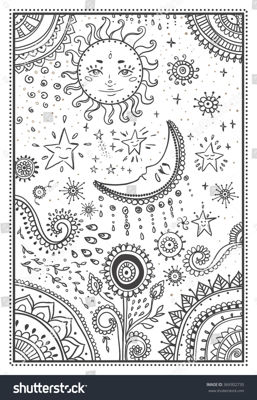 Illustration of the sun and the moon the stars Ornamental mandala Illustration for