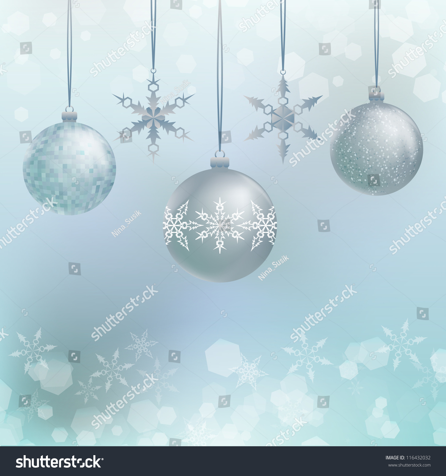Illustration Of Three Christmas Decoration Balls With Snowflakes, Blur ...