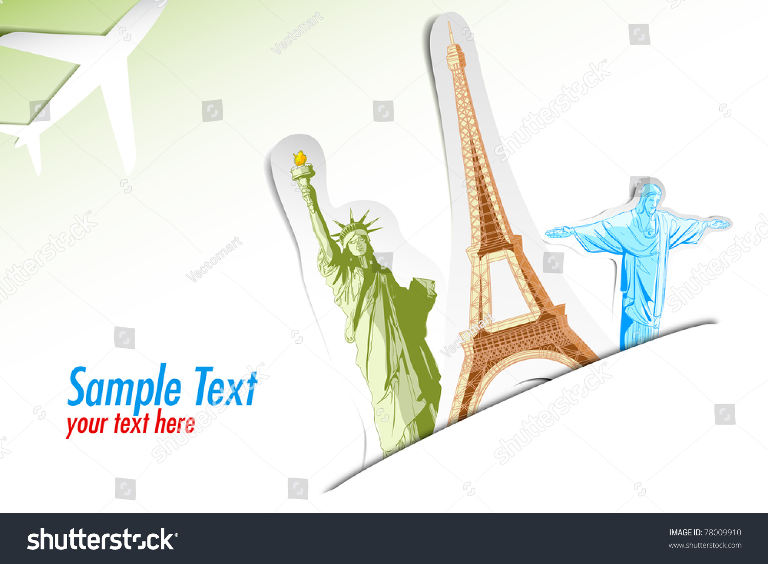 SVG of illustration of travel background with statue of liberty, eiffel tower and airplane svg