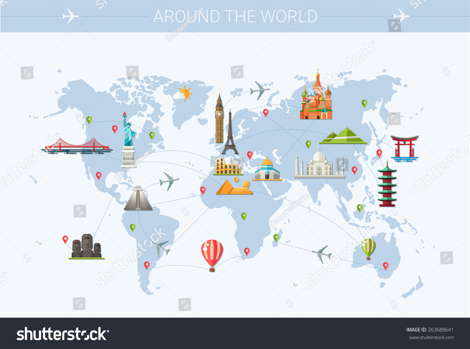 SVG of Illustration of vector flat design postcard with famous world landmarks icons on the map svg