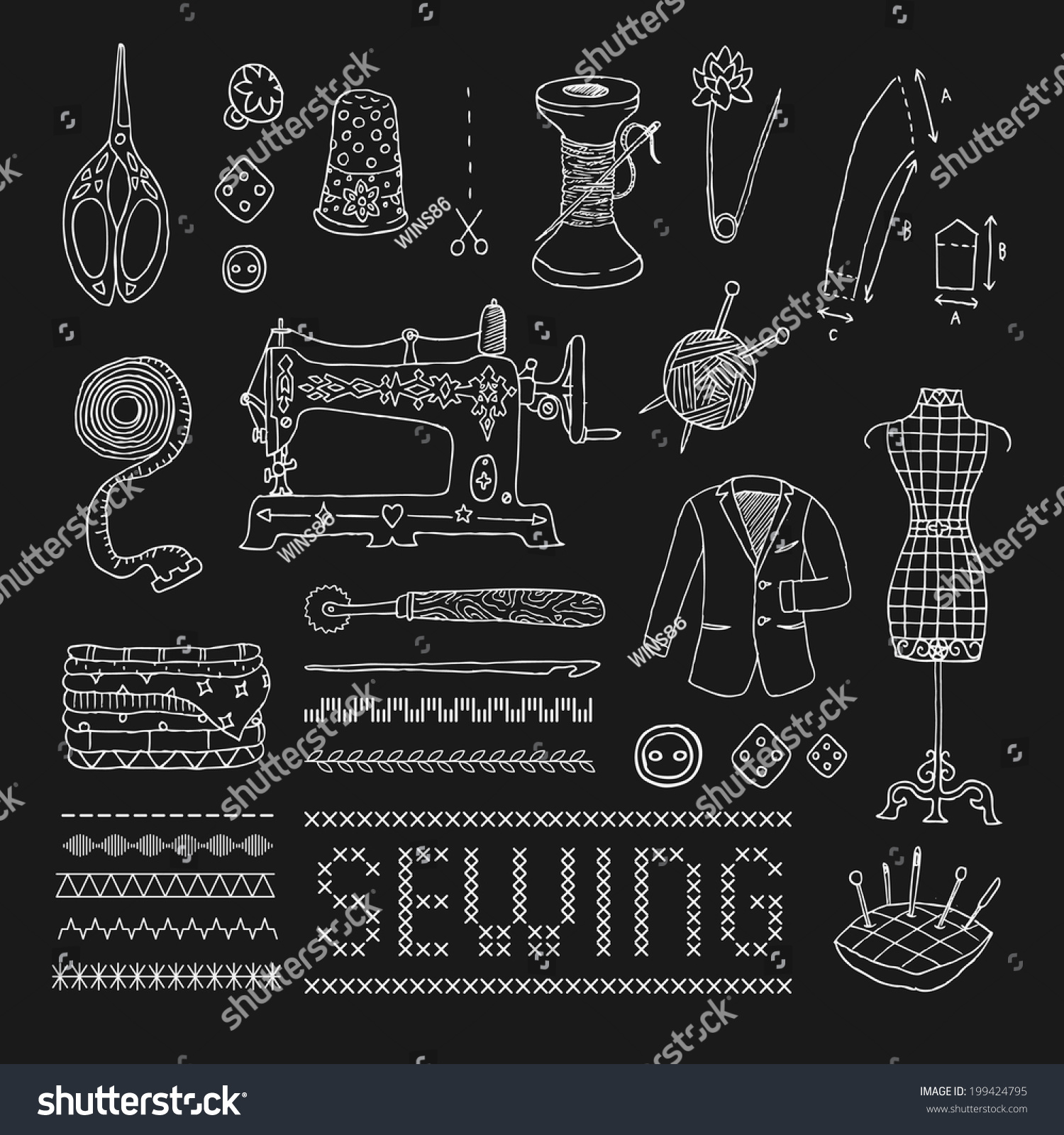 Illustration Of Vintage Sewing Accessories. Vector. Doodle. Isolated ...