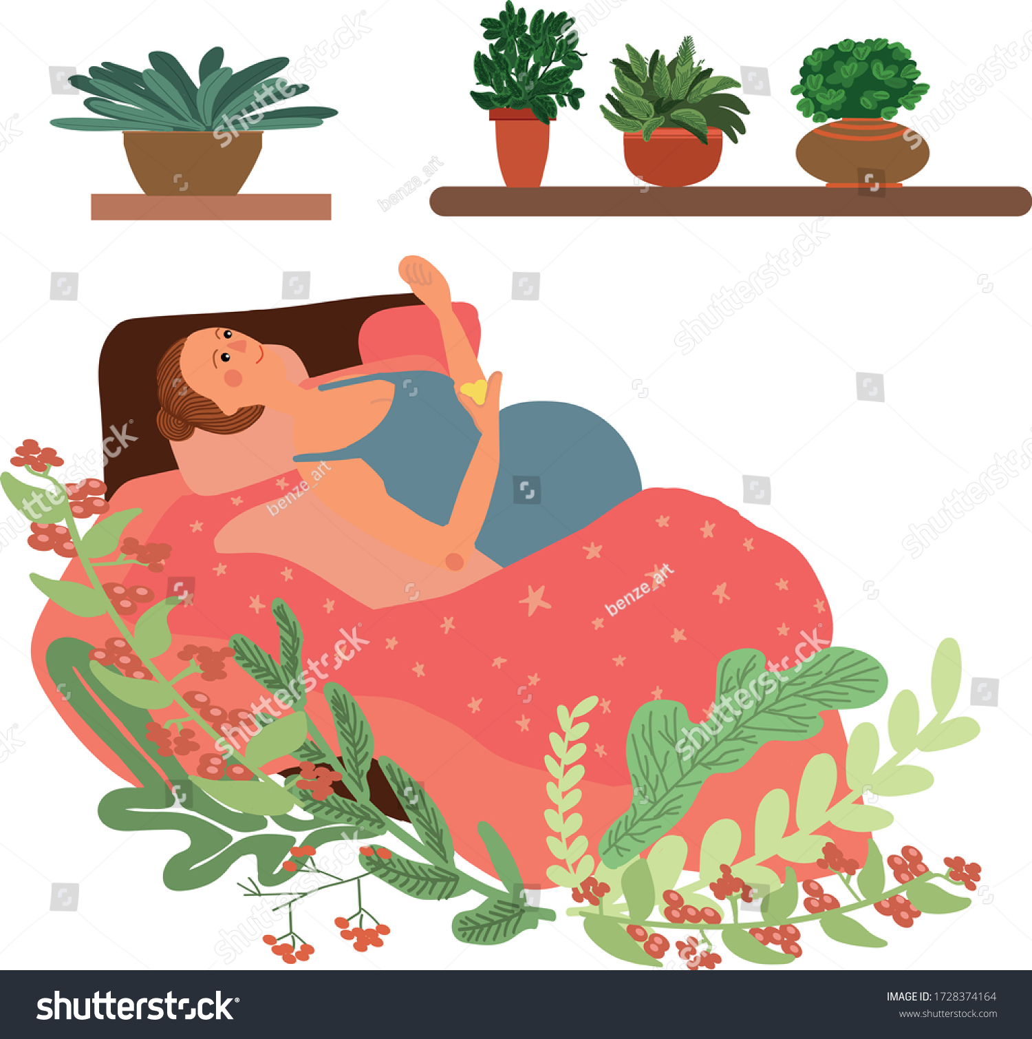 妊婦のイラストはベッドに横たわり 寝る前に携帯電話をチェックし 花のベクター手描きのスタイルイラスト で囲まれたソーシャルメディア中毒コンセプトのビジュアルイラスト のベクター画像素材 ロイヤリティフリー