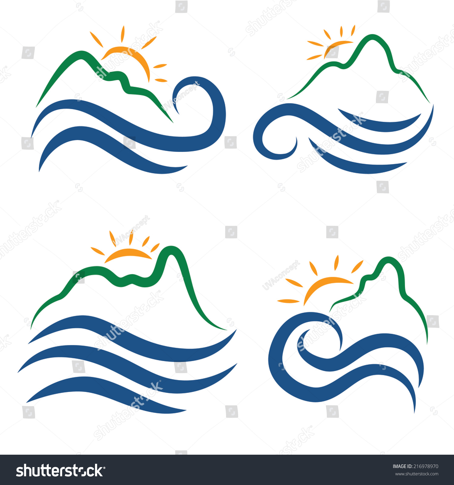 Illustration Set Icon Mountainswaves Sunvector Stock Vector 216978970 ...