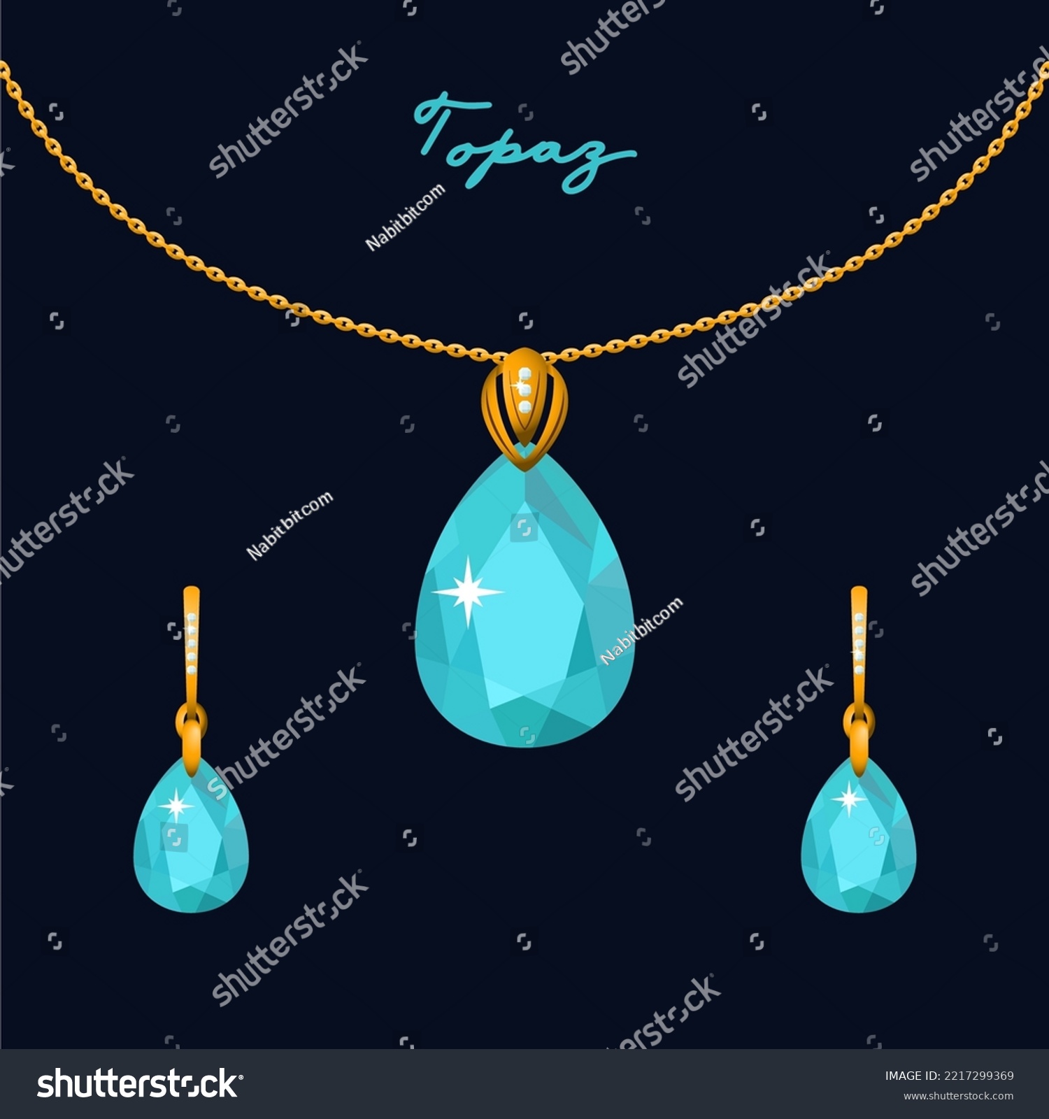 SVG of Illustration set of gold jewelry pendant on a chain and earrings with topaz svg