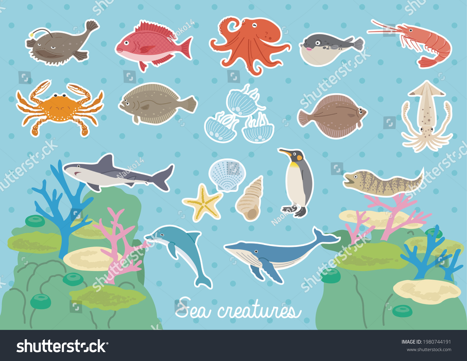 Illustration Set Sea Creatures Background Stock Vector (Royalty Free ...