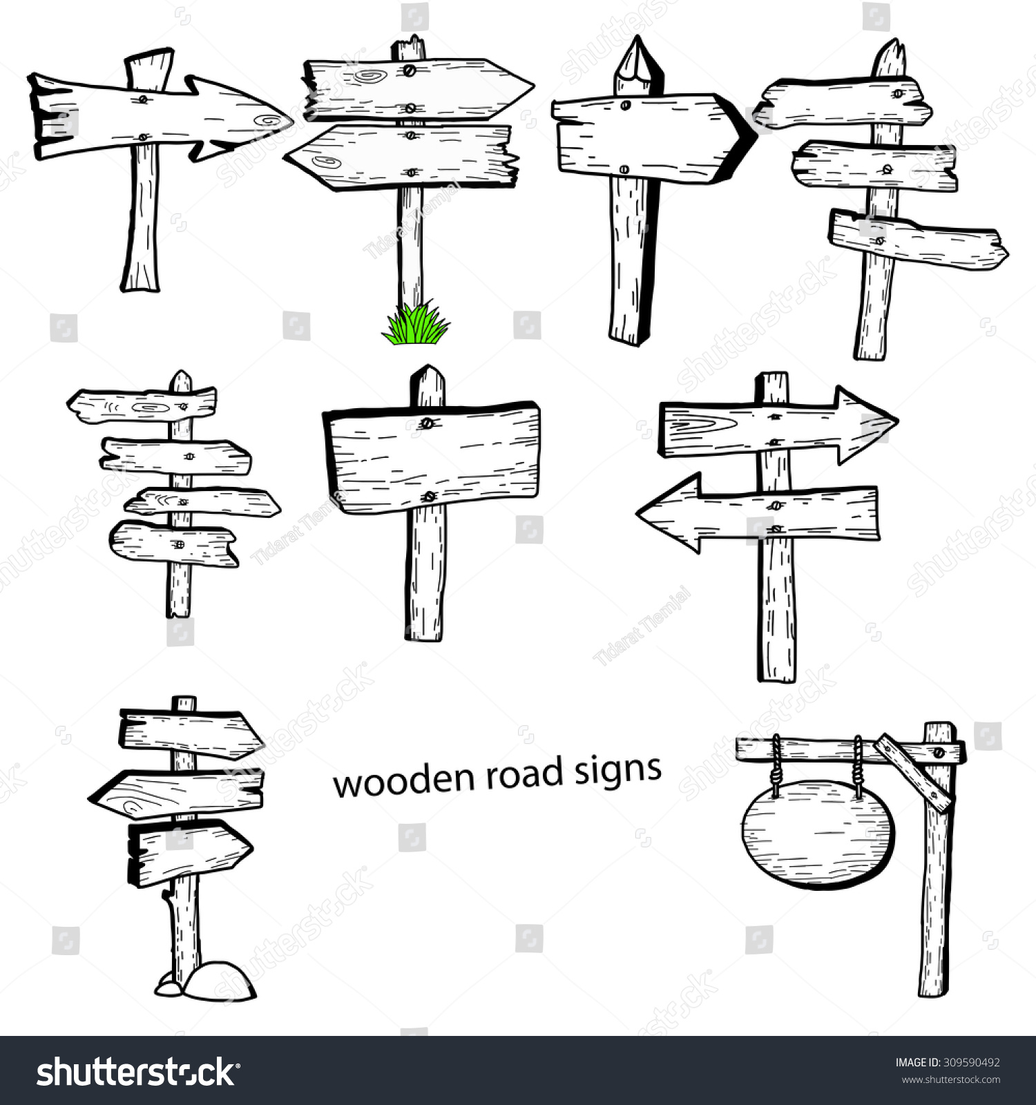 Illustration Vector Doodles Hand Drawn Wooden Road Signs Collection ...