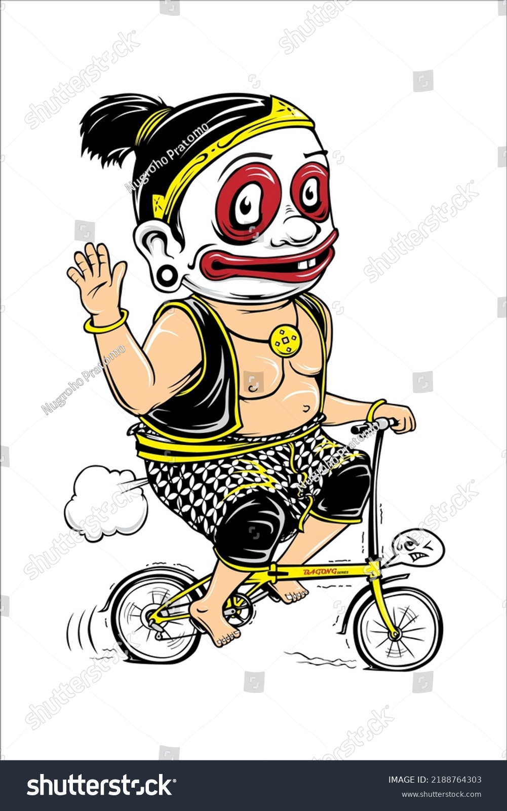 SVG of Illustration vector graphic cartoon of bagong wayang character riding a folding bike . He wears puppet clothes and is very happy, fun . Suitable for posters, banners, t-shirts, logo, icon, etc. svg