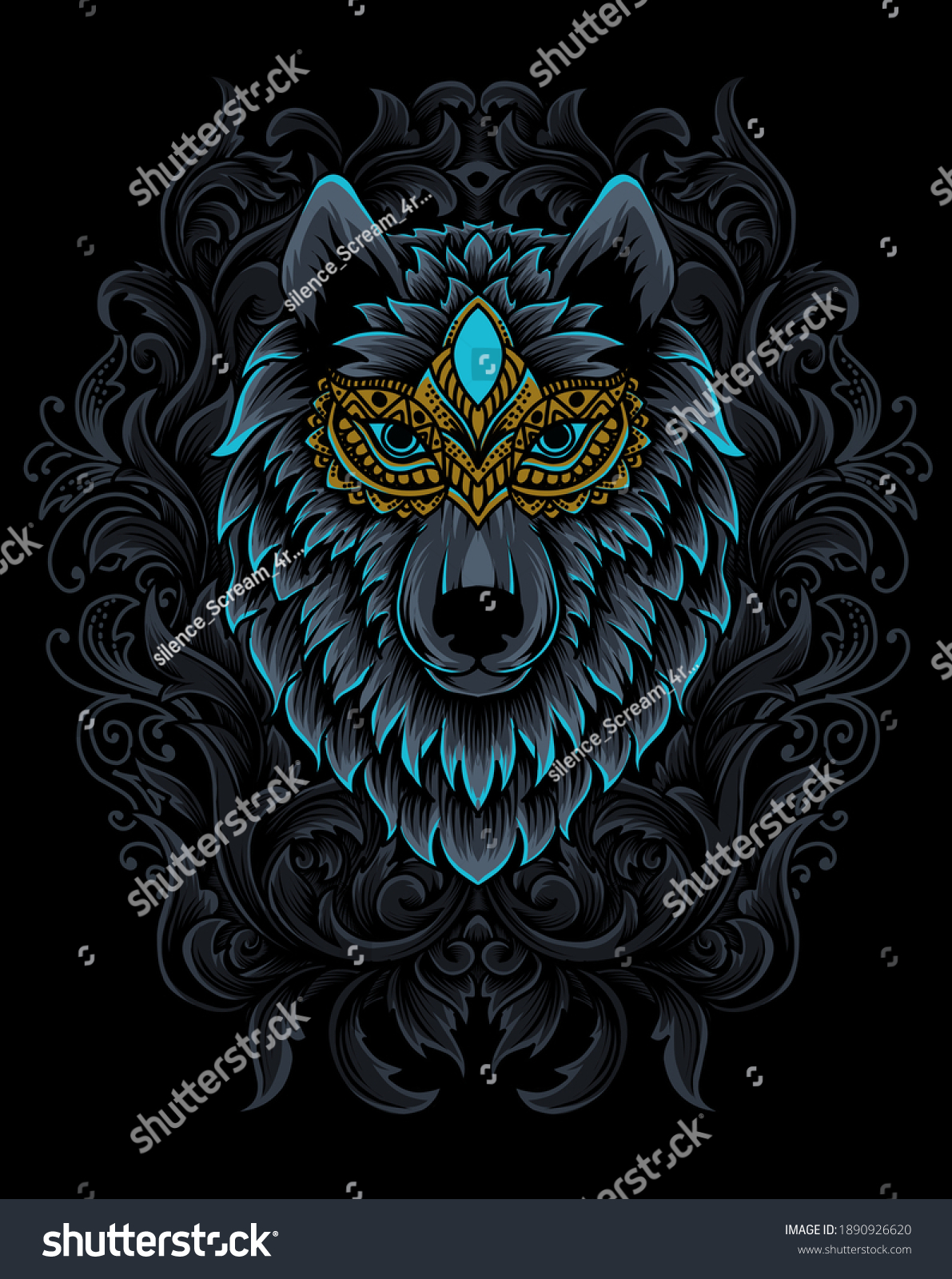 SVG of Illustration vector wolf head with vintage engraving ornament on black background. svg