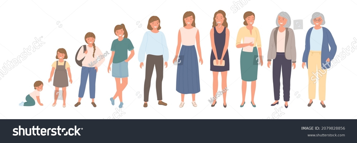 SVG of Illustration with cartoon girls, women of different ages. Female growing up and aging flat charachters. Children, young, adult and old woman. svg