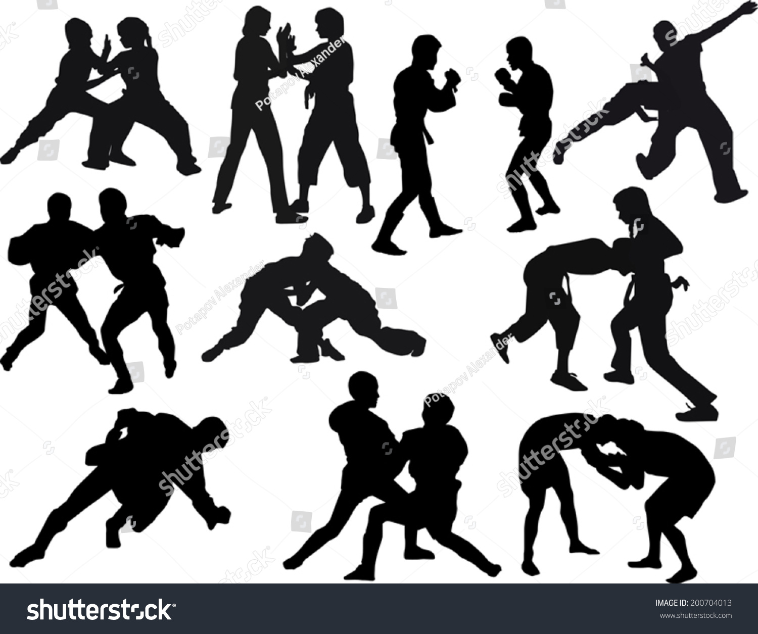 Illustration With Different Fighter Silhouettes Isolated On White ...