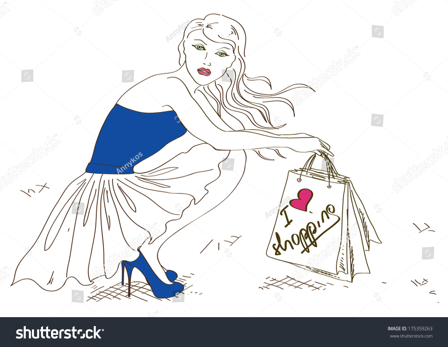 Illustration Fashion Squat Girl Holding Shopping Stock Vector 175359263