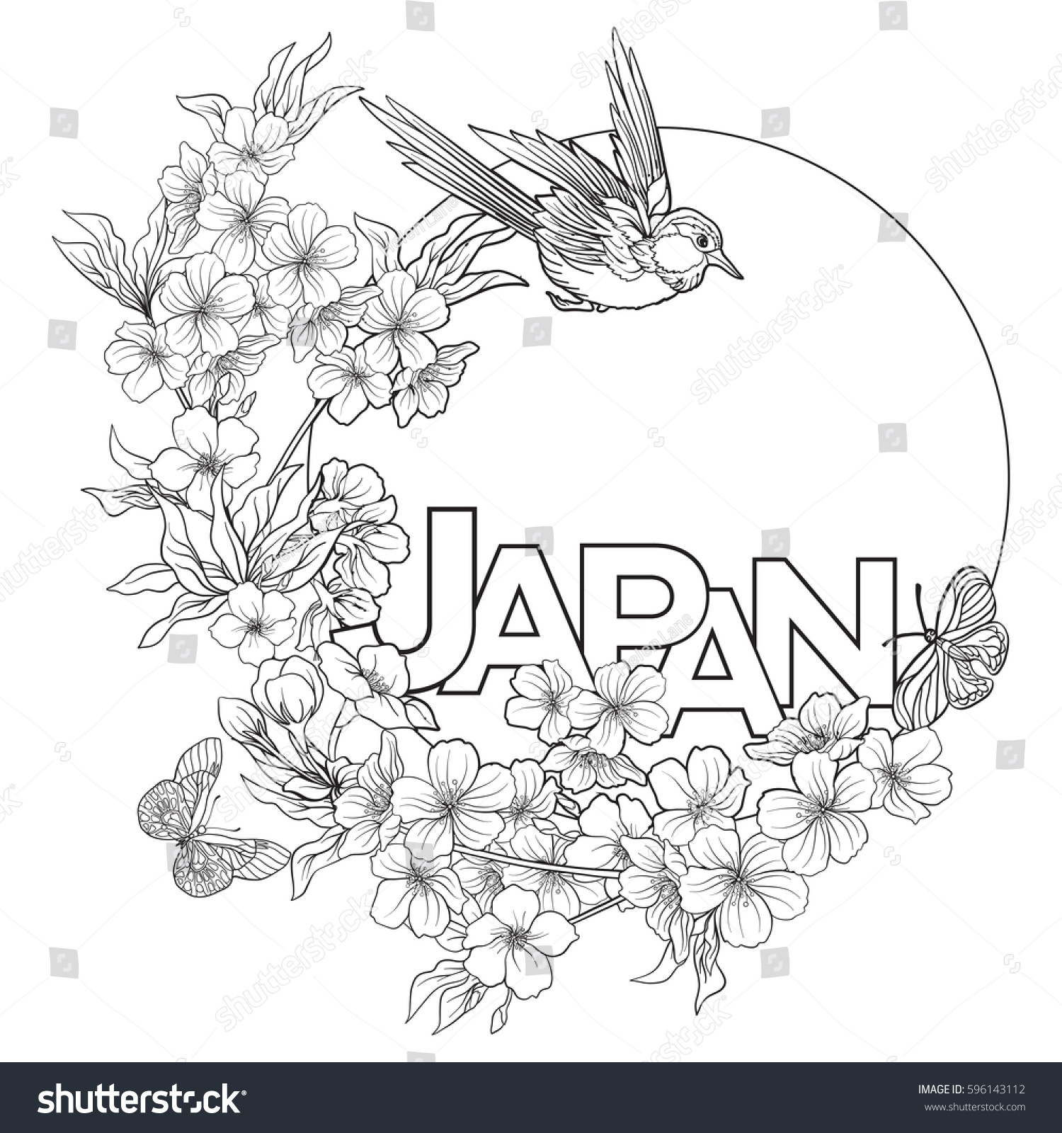 Illustrations with Japanese blossom sakura and with place for text Outline drawing coloring page