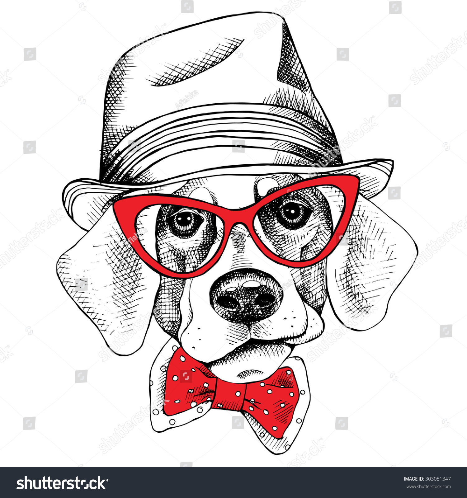 Image Portrait Of A Dog In A Hat And Glasses. Vector Illustration ...