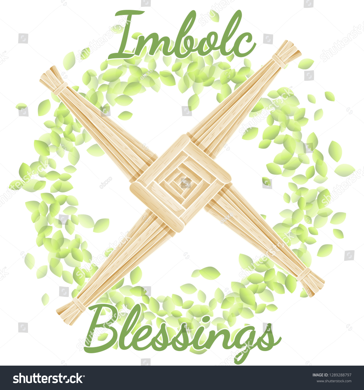 SVG of Imbolc Blessings. Beginning of spring pagan holiday. Brigid's Cross in a wreath of green leaves svg