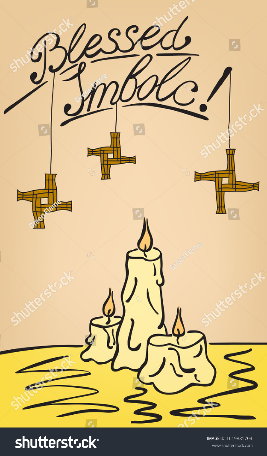 SVG of imbolc greeting card: three candles on the table, three Brigid crosses and lettering Blessed Imbolc svg