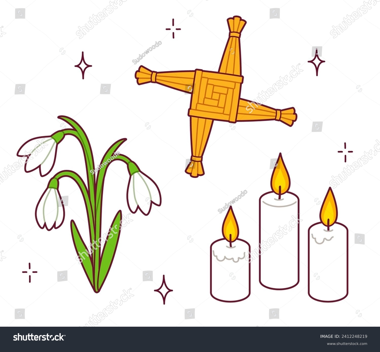 SVG of Imbolc symbols doodle set, pagan spring holiday. Saint Brigid's cross, snowdrop flowers, white candles. Vector illustration, simple drawing.  svg