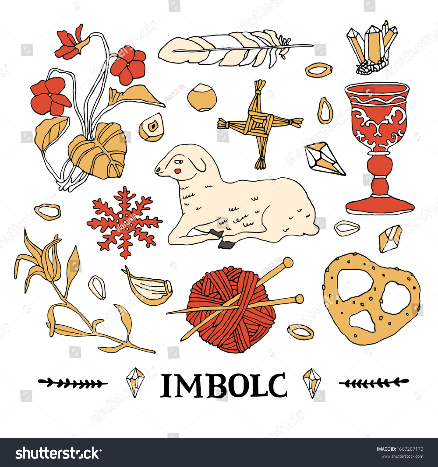 SVG of Imbolc symbols set. Celtic calendar concept. Wiccan and witchcraft elements, hand written lettering. Brigid Cross, sheep and medival goblet svg