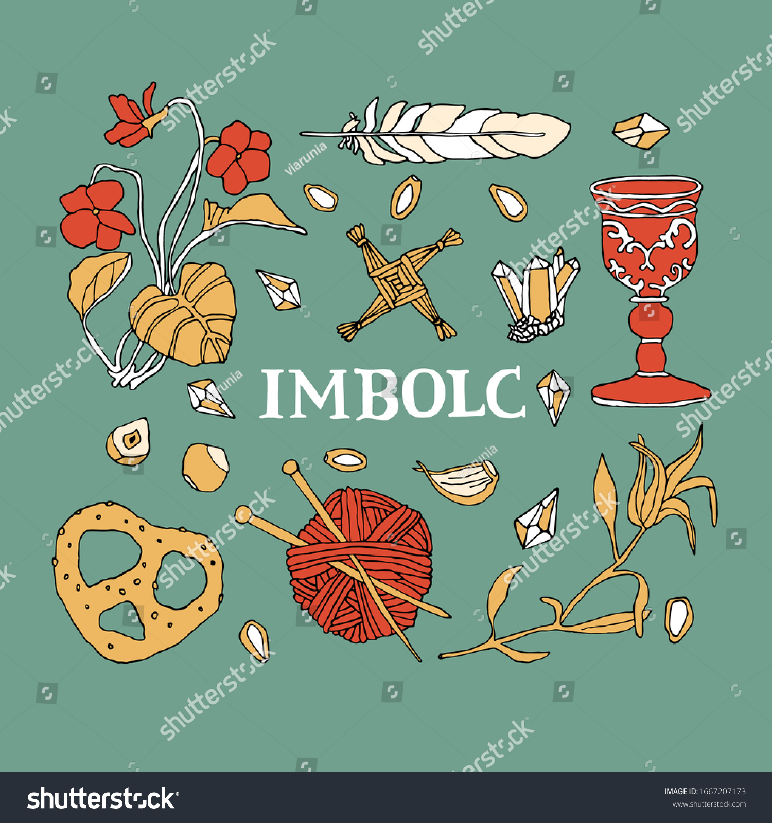 SVG of Imbolc symbols set. Celtic calendar concept. Wiccan and witchcraft elements, hand written lettering. Brigid Cross, knitting and medival goblet svg