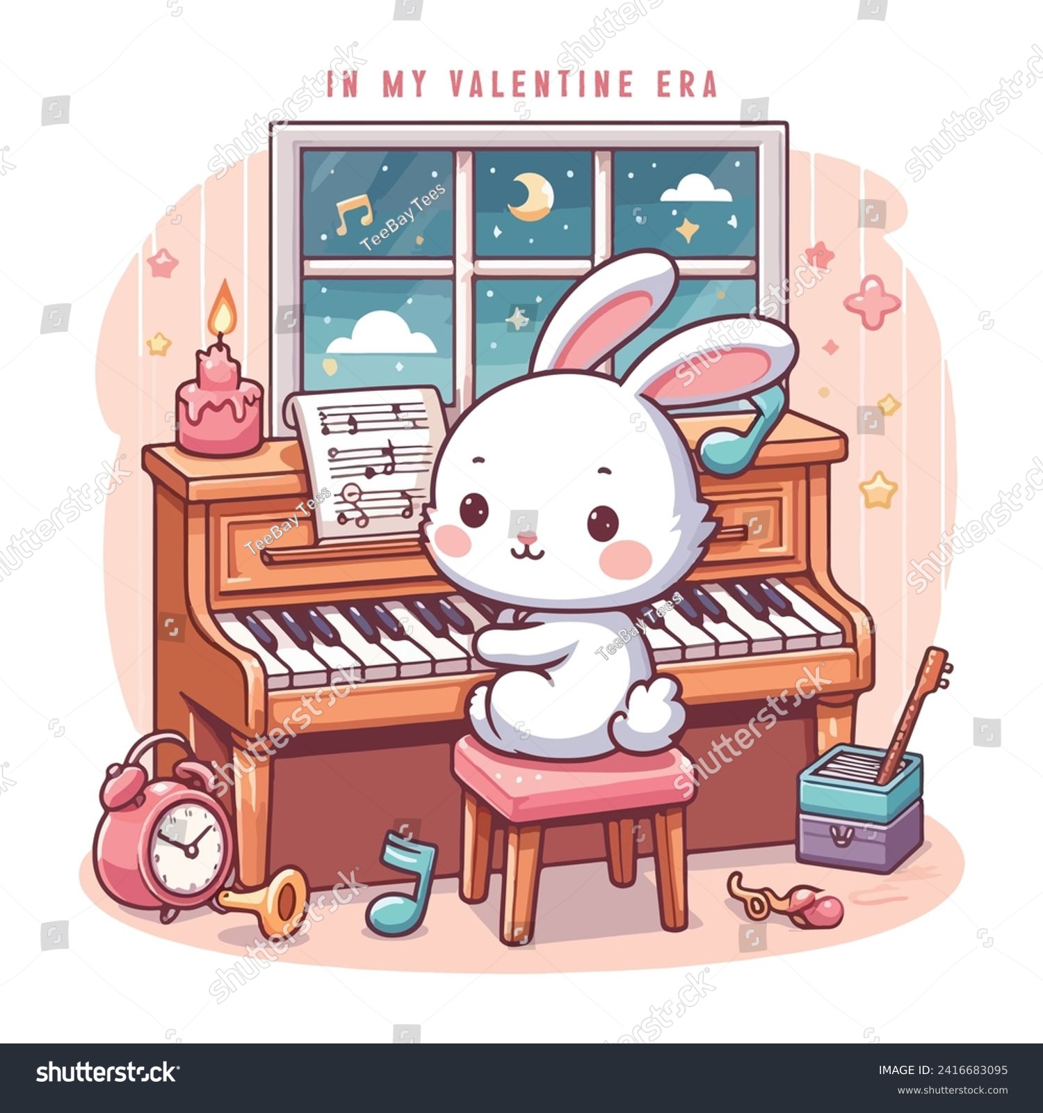 SVG of In my Valentine Era. Cute bunny playing piano candlelight stary night illustration. Valentines day vector design for t-shirt, mug, book cover and so on. svg