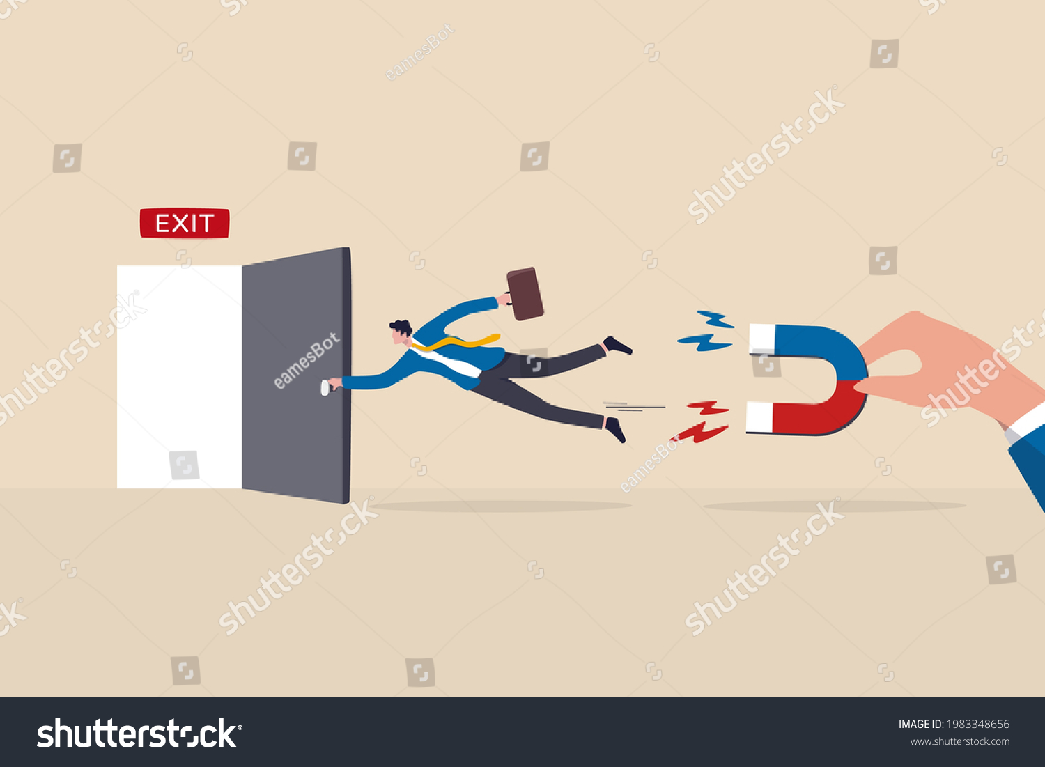 SVG of Incentive and welfare program for employee retention, building staffs loyalty reduce resignation rate for important talent, boss holding magnet to pull back resigned or leaving employee. svg