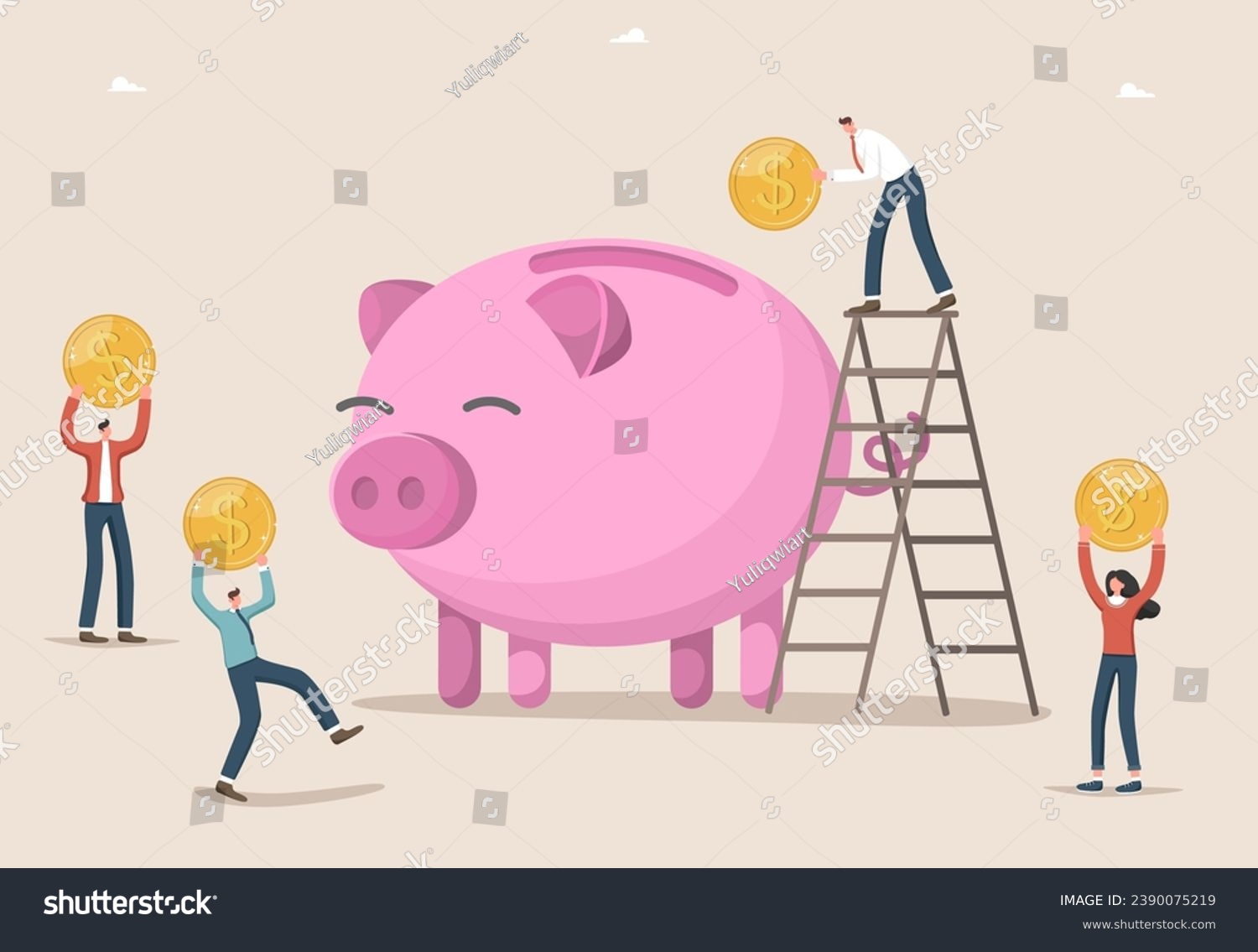 SVG of Income and salary growth, investing assets and money, creating investment portfolio and deposit boxes, managing money, improving the economy and the stock market, people bring coins to the piggy bank. svg