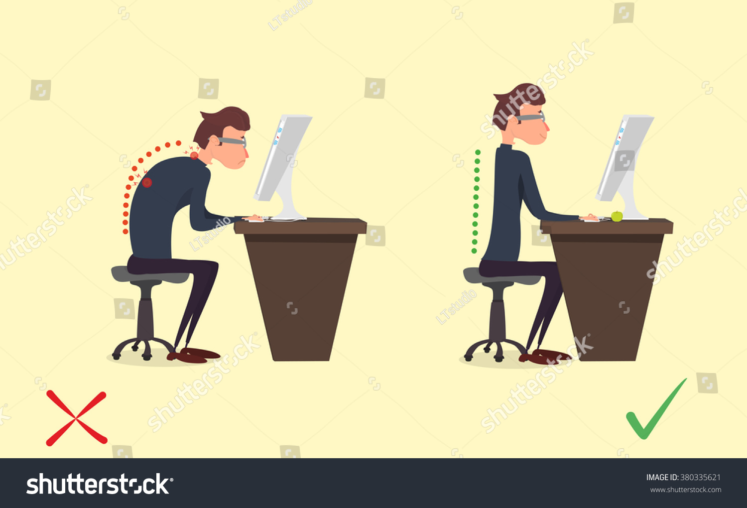 Incorrect And Correct Back Sitting Position Stock Vector 380335621 ...