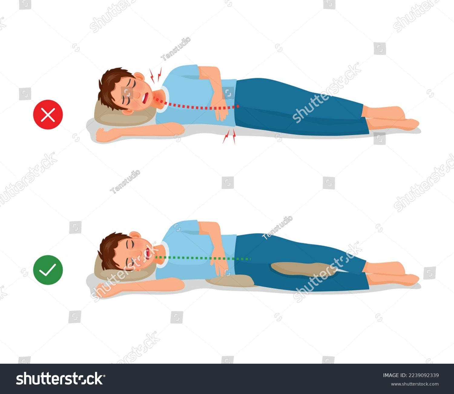 SVG of Incorrect and correct neck, spine and knee alignment of young man sleeping body postures svg