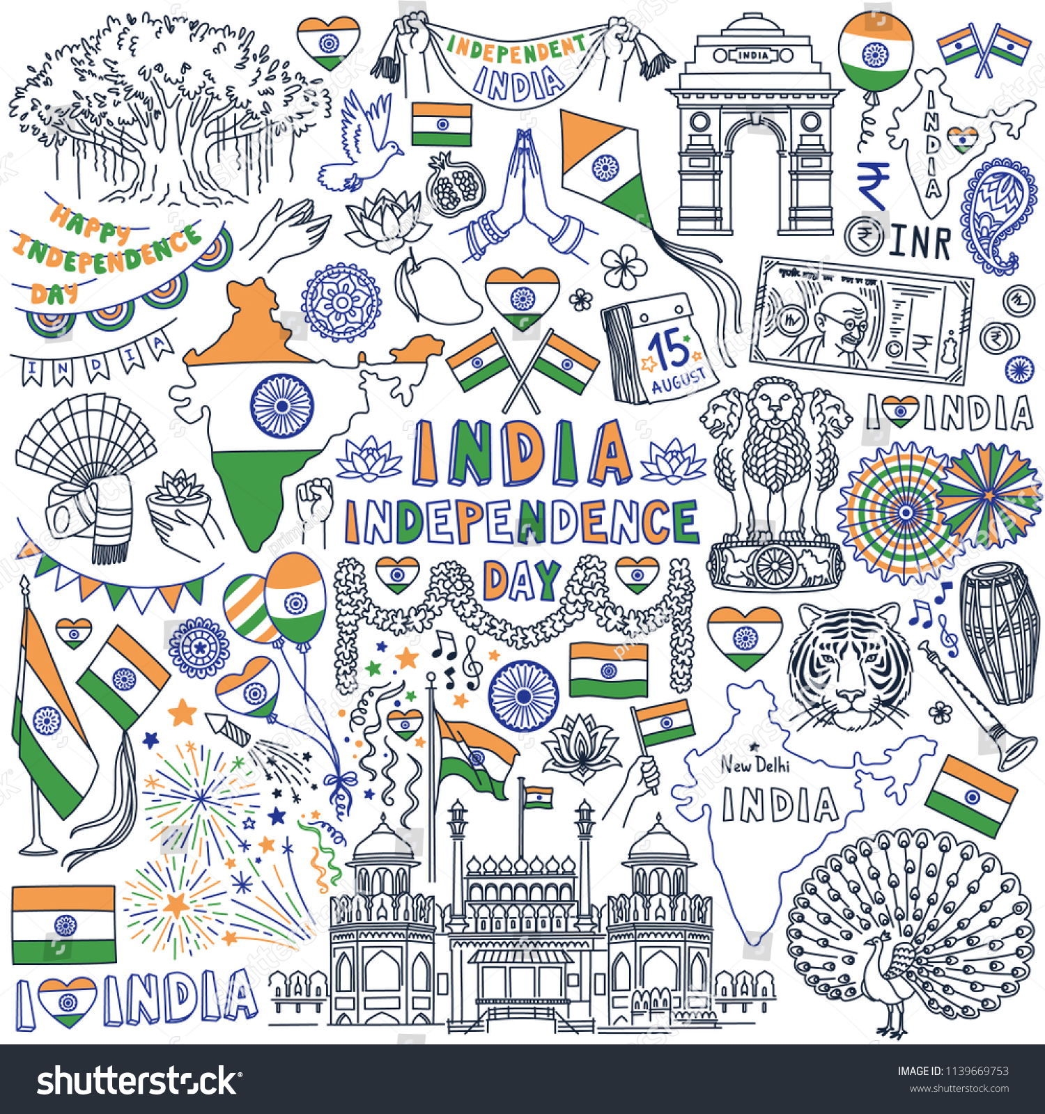 Independence Day Republic India Doodle Set Stock Vector Royalty