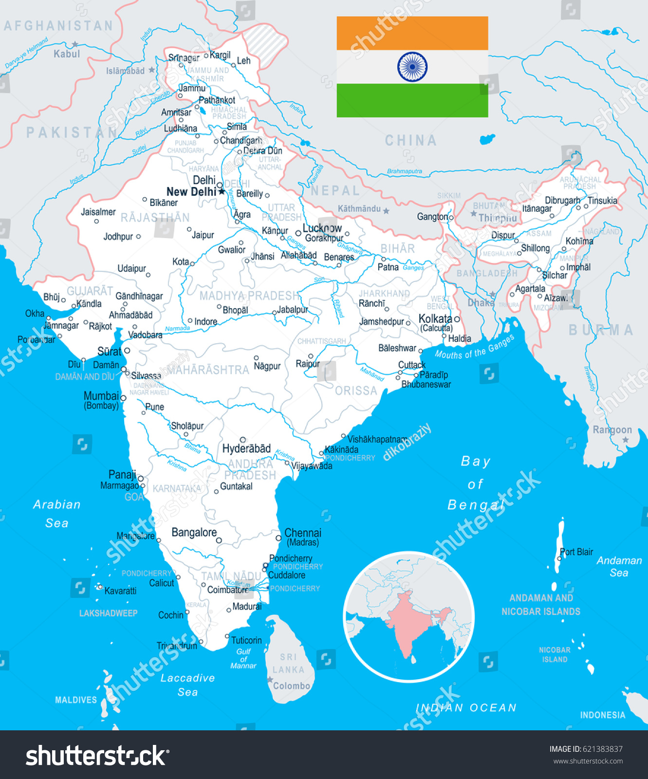 Stock vektor India Map Flag Highly Detailed Vector bez autorských poplatků